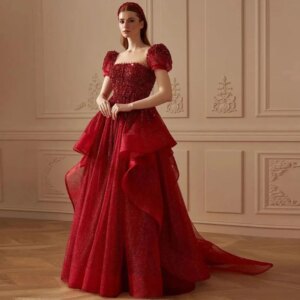 Exquisite Red Women Prom Dresses Square Collar Short Sleeves A-Line Floor Length High Quality Shiny Luxury Evening Party Gowns