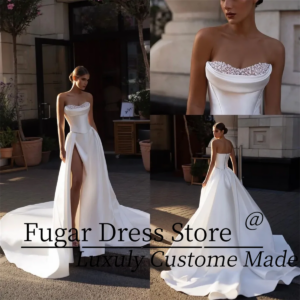 Elegant Plus Size A Line Bride Strapless Pearls Beaded High Side Split Backless Zipper Back Bridal Prom Gowns Vestidos De Noiva
