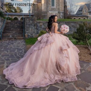 EVLAST Customized Lace Quinceanera Dress Ball Gown Shiny Applique Beading Tiered Bow Corset Sweet 16 Vestido De 15 Anos QD1158