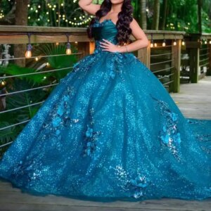 Sea Blue Shiny Princess Quinceanera Dresses Sweet 16 Dress Off The Shoulder Applique Flower Beads Tull Birthday Party Gown Vesti