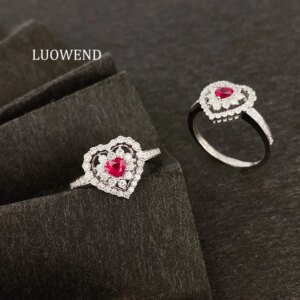 LUOWEND 100% 18K White Gold Rings Romantic Heart Shape Luxury Diamond Natural Ruby Gemstone Ring for Women High Wedding Jewelry