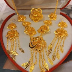 New Dubai 24K Gold Plated Necklace, Earrings, Rings, Romantic Wedding Party Anniversary Gift Jewelry Set for Women YY10522