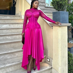 2025 African Women Birthday Event Prom Gowns A Line Custom Lace Sleeve Draped Long Prom Formal Dress for Fuchsia Party Dresses