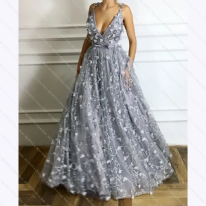 Chic Hand Made Flowers Applique Long Evening Dresses Sexy Deep V-Neck Formal Party Floor Length Tulle Fashion Customized Gown