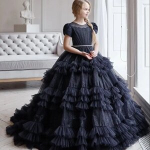 Black Flower Girl Dresses For Weddings Ball Gown Cap Sleeves Tulle Tiered Long First Communion Dresses Little Baby Customized