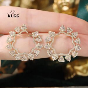 KUGG 100% 18K Yellow Gold Earrings Luxury 1.20carat Real Natural Diamond Drop Earrings for Women Vintage Style High Jewelry
