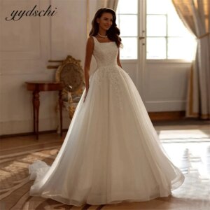 Customized Boat Neck Spaghetti Strap Appliques Tulle Wedding Dresses For Women 2025 Sweep Train Bride Gowns vestidos de novia