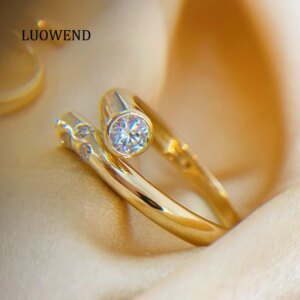 LUOWEND 100% 18K Yellow Gold Rings Fashion INS Style 0.30carat Real Natural Diamond Engagement Ring for Women High Party Jewelry