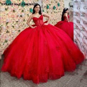 EVLAST Customized Glitter Red Quinceanera Dress Ball Gown Lace Applique Beading Bow Sweet 16 Dress Vestidos De 15 Anos E3Q559