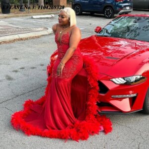 EVLAST Customized Sparkly Red Feather Prom Dress 2025 Diamonds Crystal Beaded Black Girls Mermaid Evening Party Gown E3P200