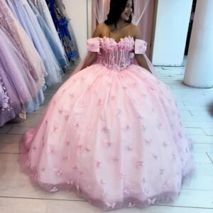Customized Pink Off Shoulder Quinceanera Dress crystal sequin butterfly applique Tull Lace beads Bow vestidos de 15 Quinceanera