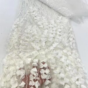 African Lace Fabric 2025 High Quality French White 3D Flower Sequins Embroidery Beads Tulle Lace Fabric For Party Dresses A925-1