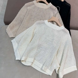 Hollow Out Women’s Linen Knitted Pullover Summer 2025 Round Neck Long Sleeve Loose Female Sweater