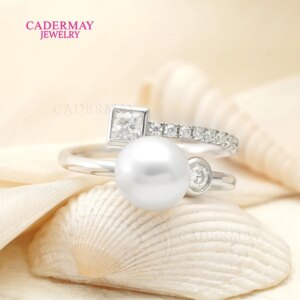 Cadermay Real 925 Silver VVS Moissanite Natural Freshwater Pearls Ring Wedding Engagement Open Ring for Women Fine Jewelry Gifts