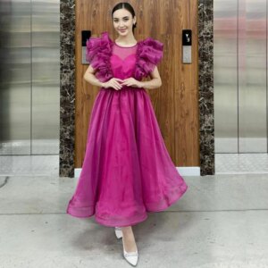 Customized Organza Pleat Prom A-line Jewel Bespoke Occasion Gown Midi Dresses