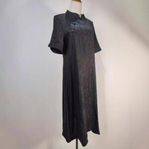 High Quality Xiangyun Yarn Real Silk Flower Rose Improved Chinese Cheongsam Women’s Black Three-Quarter Sleeve Diagonal Dress