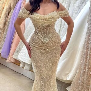 Elegant Long Evening Dresses Luxury Mermaid Off the Shoulder Pearls Beaded Wedding Party Gala Prom Gown for Special Occasions