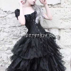 Classic Black Gothic Prom Dresses Elegant Square Neck Short Sleeve Corset Tulle Layered Lace Up Vampire Halloween Dresses Custom