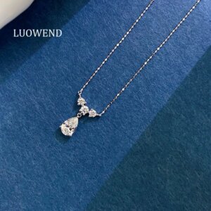 LUOWEND 100% 18K White Gold Necklace Women Elegant INS Style Real Natural Diamond Pendant Necklace Senior Banquet High Jewelry