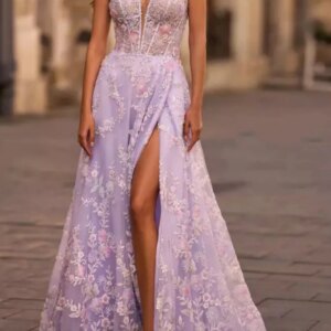 Customized Luxury Lilac Prom Dresses V Neck A Line Floor Length Split Party Special Occasion Wear Wedding Party Formal Evening
