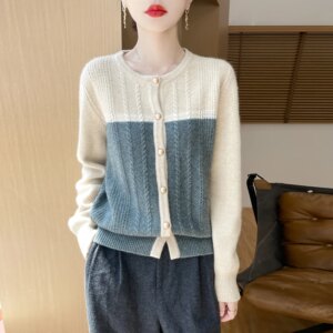 2024 Autumn and Winter New 100% Pure Cashmere Cardigan Women’s Round Neck Hollowed-out Hook Color Knitted Sweater Loose Sweater
