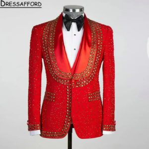 Red Three Pieces Men Suits Gold Beading Crystal Evening Party Blazer Groom Wear ( Jacket + Vest + Pants )