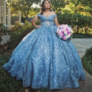Blue Shiny Princess Quinceanera Dresses Off Shoulder Sequin Applique Bow Beading Crystal Tull Corset Sweet 16 Dress Ball Gown