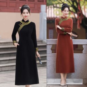 Long a-Style Cheongsam Qi Pao Large Swing Skirt Winter New Retro National Style Middle-Aged Mom