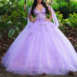 Customized Lavanda Shiny Quinceanera Dresses Ball Gown Off Shoulder Appliques Lace Crystal Sweet 16 Dress Vestidos 15 De Anos
