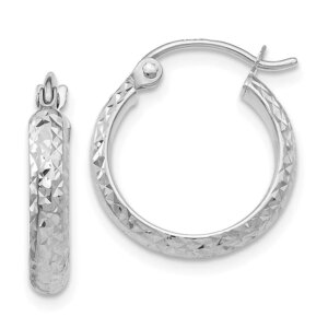 14K White Gold Diamondcut 2.8x15mm Hollow Hoop Earrings