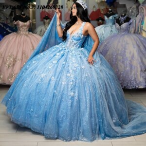 EVLAST Customized 2025 Sky Blue Quinceanera Dress Ball Gown Lace Applique Beaded Cape Corset Sweet 16 Vestido De 15 Anos E3Q358