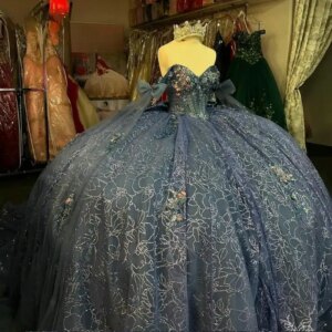 Customized Blue Glitter Crystal Sequined Bow Quinceanera Dresses Ball Gown Off The Shoulder Applique Sweet 15 Años Mexican