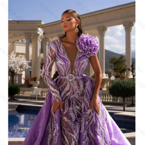 Purple Fashion Mermaid Evening Dresses For Women Sequins Beads 3D-Floral Skirt Sweep Train Dress Party Gown
