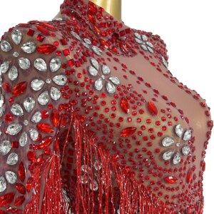 Fashion Sexy Lady Dancer Red Tassel Leotard Club Stage Performance Wear Sparkly Fringes Bodysuit Birthday Party Celebrate Outfit
