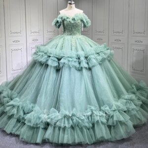 Mint Green Shiny Quinceanera Dresses Off Shoulder Ball Gown Sweet 16 Dress Applique Beading TieredTull Birthday Party Vestidos