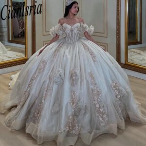 Champagne Illusion Off The Shoulder Quinceanera Dresses Ball Gown 3D Floral Lace Corset Vestidos De XV Anos