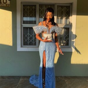Blue Crystals Mermaid Prom Dress Vestidos De Gala Formal Occasion Dresses Arabic Engagement Party Gowns Split Side Evening Dress