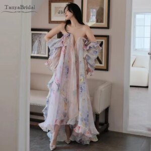 Printed Chiffon Boho Wedding Dresses ,Romantic Fairy Bridal Beach Gowns DW1022