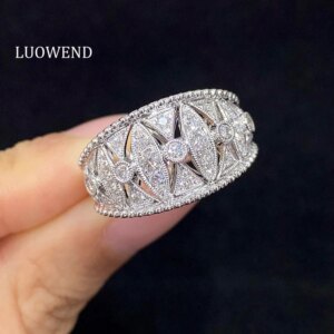 LUOWEND 100% 18K White Gold Rings Luxury French Style 0.50carat Real Natural Diamond Engagement Ring for Women Fine Jewelry