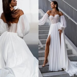 Hot sale A Line Wedding Dress 2024 Sweetheart Bohemia Sexy Sleeves Backless Slit Long Women Bridal Dress Vestido De Novia