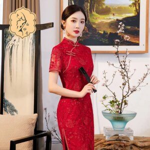 Red cheongsam women short-sleeved perspective lace evening dress oblique collar improved version high open