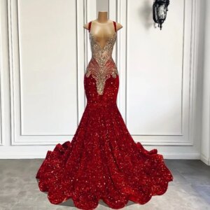 Wine Red Sequin Mermaid Evening Gown | Deep V Neck with Beaded Rhinestone Bodice Thin Straps Sexy Sparkling Luxury Formal Dress