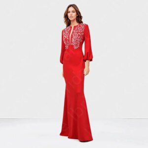 Little Daisy Customized  Red Evening Dresses Mermaid 2025 Arabic Prom Gown Lace Beading Top Wedding Guest Dress 3/4 Sleeves Midd