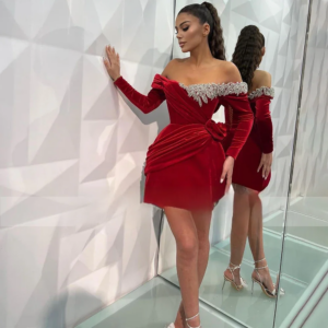 Customized Sexy Red Sparkle Crystal Velvet Cocktail Dress Mini Off the Shoulder Long Sleeves Gown Short A Line