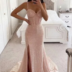 Customized Spaghetti Strap Pink Sequin Mermaid 2025 Cocktail&Homecoming Dresses for woman formal occasion dresses Court Train