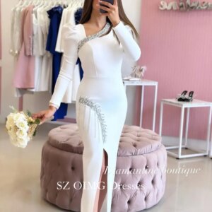 OIMG Fitted Bodice Crepe Satin Evening Dress Customized Irregular Neck Sequined Mermaid Wedding Party Gowns For Women 2024