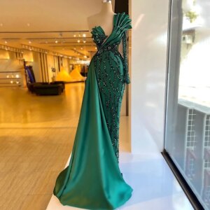 Charming One Shoulder Long Sleeves Evening Dress with Beading Sequins and Pleat Women Customized Gowns for Wedding Party Guest