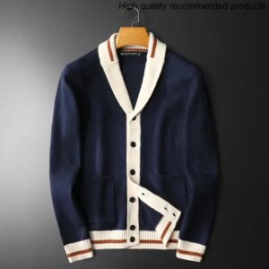 2025 cardigan European autumn men’s and winter new knitted sweater large size V-neck color matching casual trendy jacket