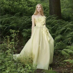 Yellow Evening Dress Women Strapless Sleeveless A Line Alliques Flowers High Quality Floor Length Banquet Party Gowns Classic