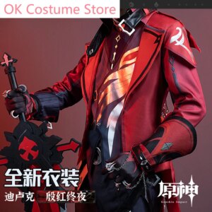 Anime!Genshin Impact Diluc Blackish Red The Whole Night Game Suit Handsome Uniform Cosplay Costume Halloween Party Outfit